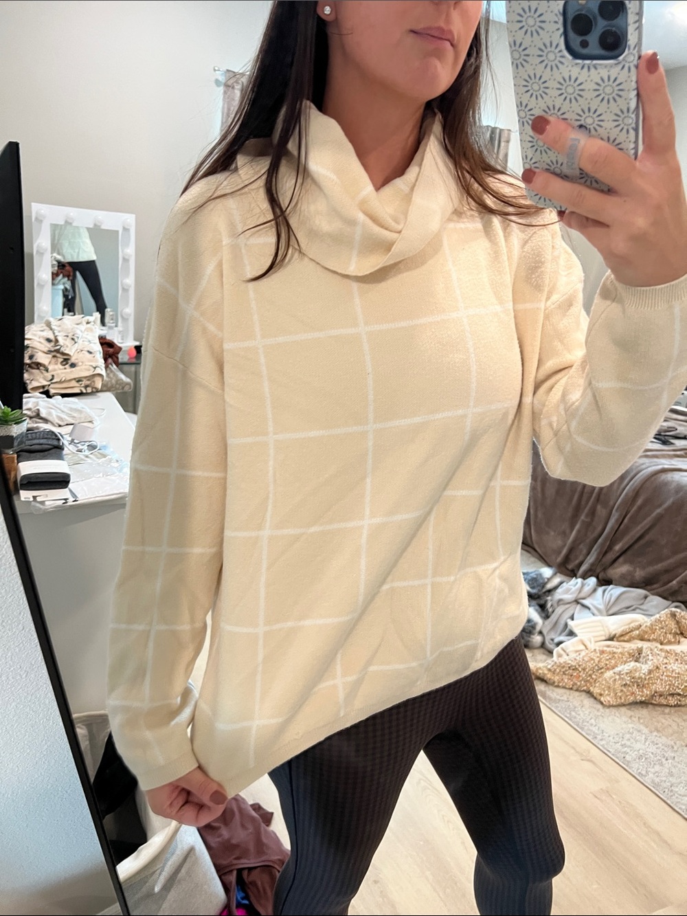 Amazon Cream Windowpane Cowl Neck Sweater